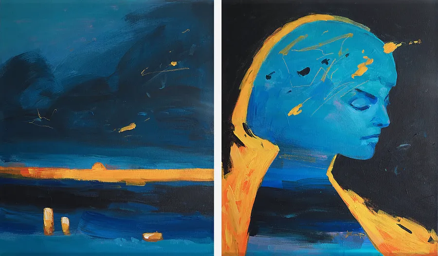 Obraz Black Black Sea autorstwa Maryna Karapetian, rozmiar: 2 canvases 46 x 55 cm, wykonany z acrylics, oil pastels, canvas, medium Painting, z Barcelona, część serii We Remember Places, Places Remember Us, cena: €750