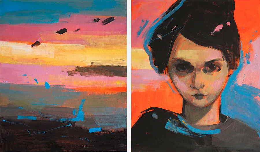 Obraz Empty Pier autorstwa Maryna Karapetian, rozmiar: 2 canvases 46 x 55 cm, wykonany z acrylics, oil pastels, canvas, medium Painting, z Barcelona, część serii We Remember Places, Places Remember Us, cena: €750