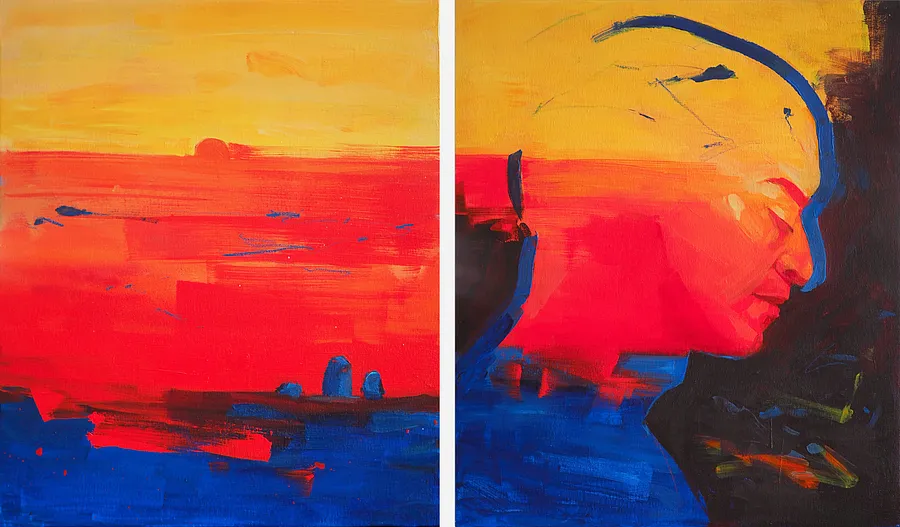 Obraz Heat over the Steppe autorstwa Maryna Karapetian, rozmiar: 2 canvases 46 x 55 cm, wykonany z acrylics, oil pastels, canvas, medium Painting, z Barcelona, część serii We Remember Places, Places Remember Us, cena: €750