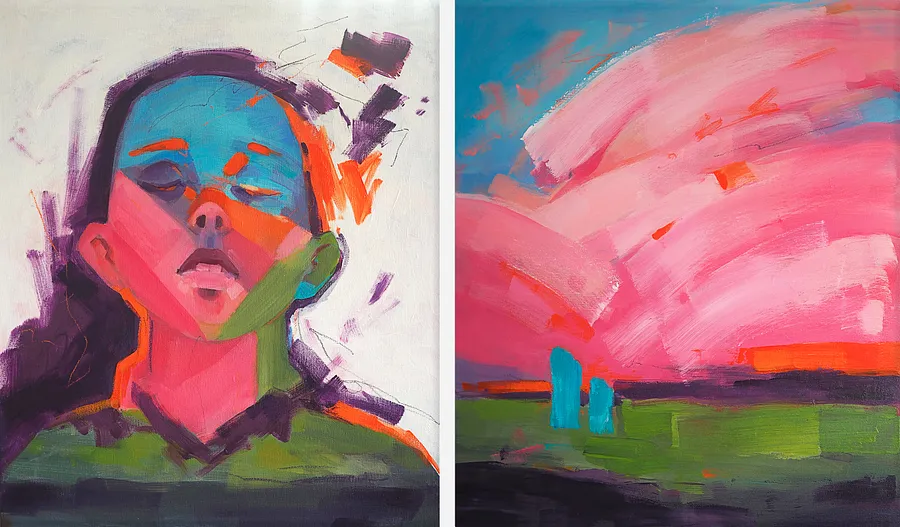 Зображення "Apricot Garden" від Maryna Karapetian, розмір: 2 canvases 46 x 55 cm, матеріали: acrylics, oil pastels, canvas, медіум: Painting, місто: Barcelona, серія: We Remember Places, Places Remember Us, ціна: €750