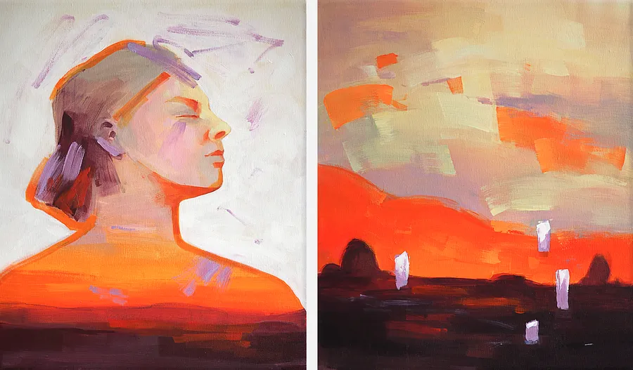 Image of Wind from the East by Maryna Karapetian, size: 2 canvases 46 x 55 cm, made of acrylics, oil pastels, canvas, Painting medium, from Barcelona, part of the We Remember Places, Places Remember Us series, priced at €750
