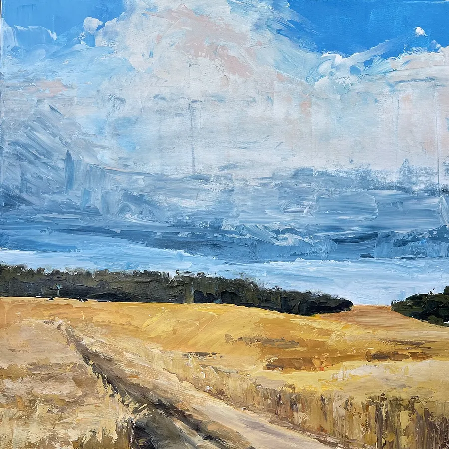 Obraz Pole pszenicy autorstwa Elena Goyeva, rozmiar: 50x50 cm, wykonany z Akryl, Płótno, medium Malarstwo, część serii Pejzaż