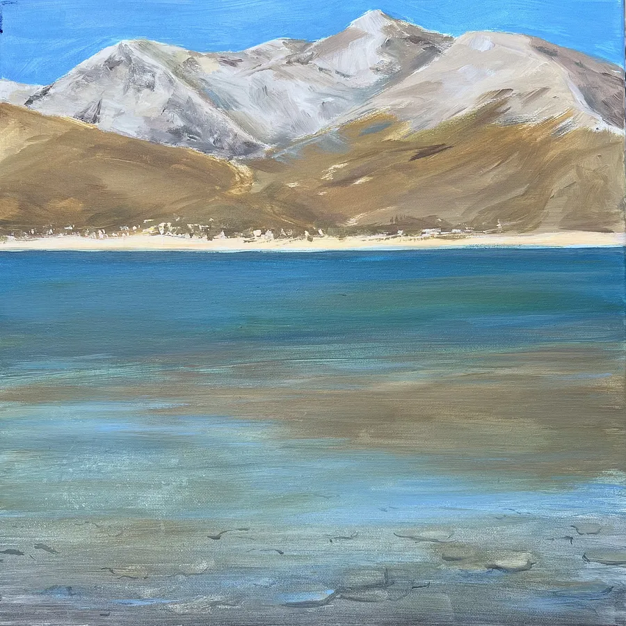 Obraz Góry nad czystą wodą autorstwa Elena Goyeva, rozmiar: 50x50 cm, wykonany z Akryl, Płótno, medium Malarstwo, część serii Pejzaż