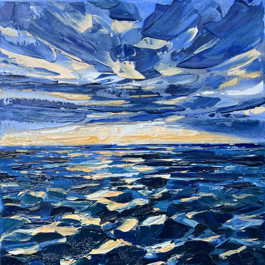 Obraz Zachód słońca na morzu autorstwa Elena Goyeva, rozmiar: 30x30 cm, wykonany z Olej, płótno, medium Malarstwo, część serii Pejzaż