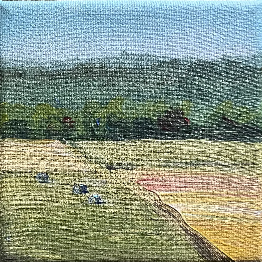 Image of Hay Bales before the Hills by Elena Goyeva, size: 10x10 cm, made of Acrylic, Canvas, Painting medium, part of the Miniatures series