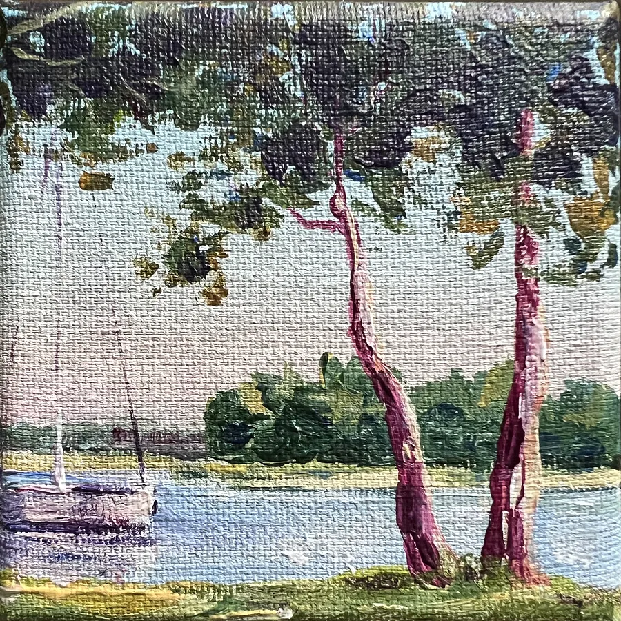 Imagen de Sailboat under the Trees de Elena Goyeva, tamaño: 10x10 cm, hecho de Acrylic, Canvas, medio Painting, parte de la serie Miniatures