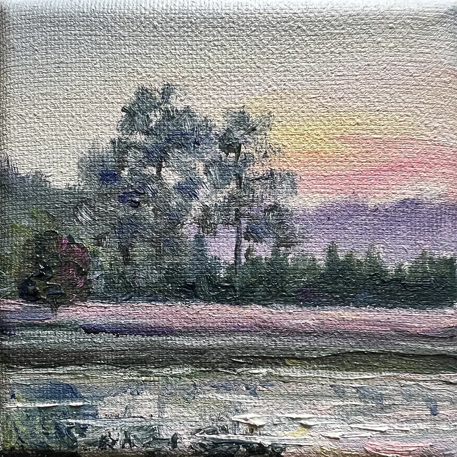 Imagen de Lilac Hour de Elena Goyeva, tamaño: 10x10 cm, hecho de Oil, Canvas, medio Painting, parte de la serie Miniatures