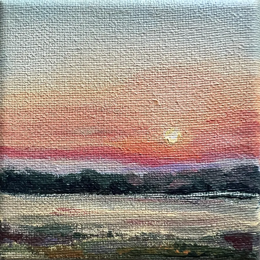 Imagen de Sunset over the Lake de Elena Goyeva, tamaño: 10x10 cm, hecho de Acrylic, Canvas, medio Painting, parte de la serie Miniatures