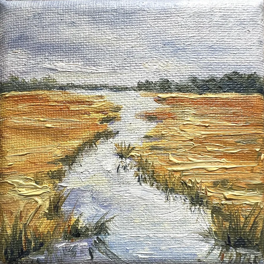 Imagen de River Through Yellow de Elena Goyeva, tamaño: 10x10 cm, hecho de Oil, Canvas, medio Painting, parte de la serie Miniatures