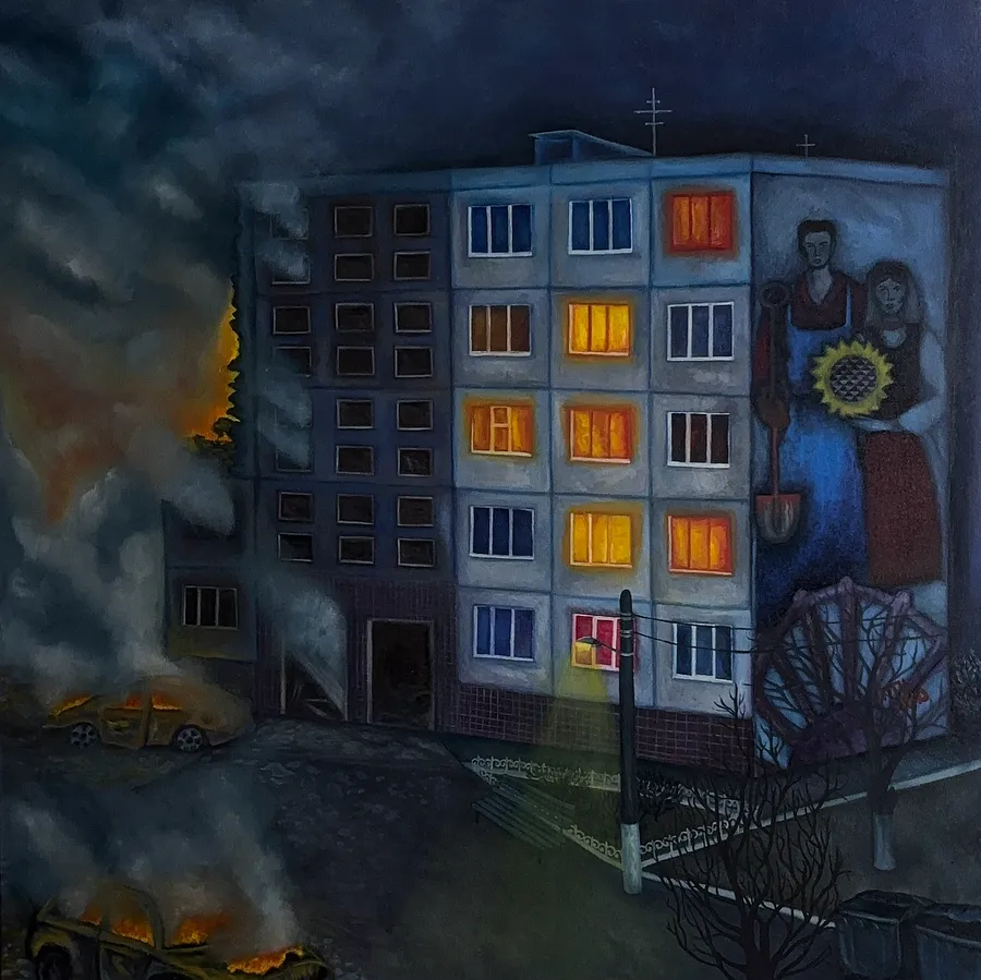 Immagine di War through the eyes of eyewitnesses di Stanislava Romanova, dimensioni: 100x100 cm, materiali: oil + canvas, medium: Painting, città: Odesa, Ukraine, prezzo: $1000 (≈ 45.239 грн)