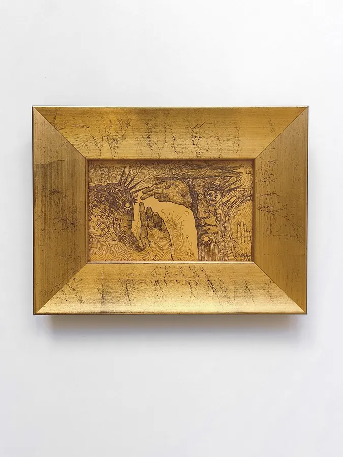 Obraz Дотик Свідомостей | The Touch of Consciousness  autorstwa Ołeksandr Makohon, rozmiar: 19,5 х 25,5, wykonany z Лідери на папері, medium Grafika, cena: $120 (≈ 5 404 грн)