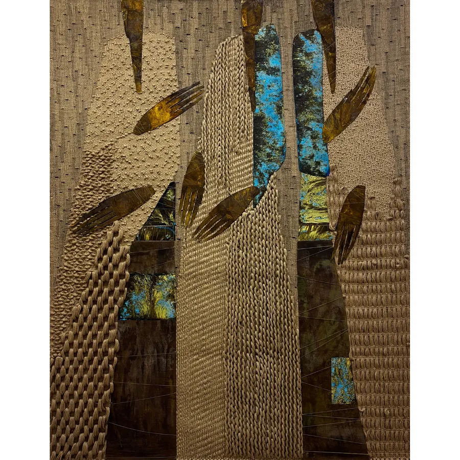 Image of Ті, що тримають небо by Tkachuk Yaroslava, size: 300 х 240 cм, made of гобелен, джут, оксидована латунь, вінтажний льон, author's technique  medium, priced at $15000