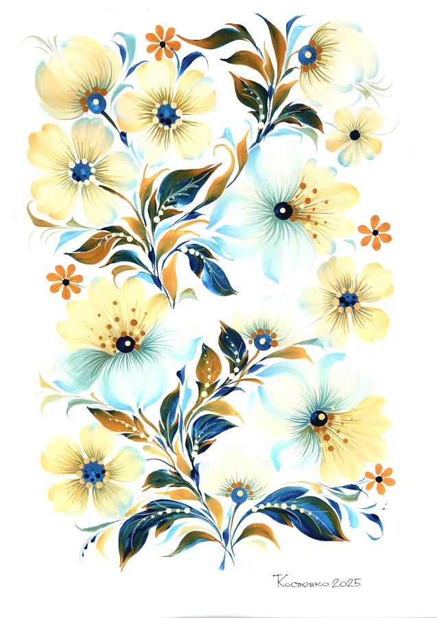 Imagen de Between the Sun and the Sky de Tetyana Kostenko, tamaño: 29,7х42 cm, hecho de gouache, PVA glue, medio Painting, parte de la serie Flowers
