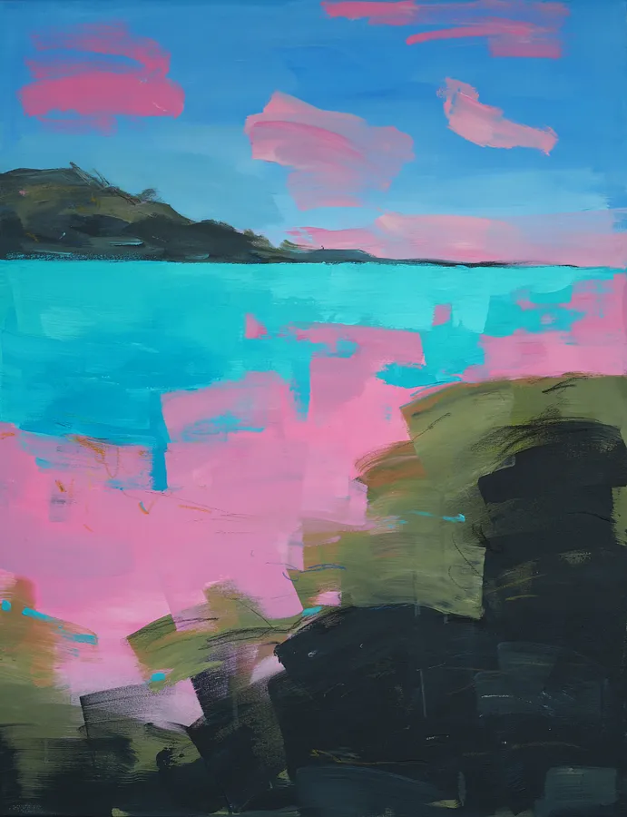 Image of Pink Waters by Maryna Karapetian, size: 73 x 92 cm, made of acrylics, oil pastels, canvas, Painting medium, from Malmo, part of the Individual Artwork series, priced at €600