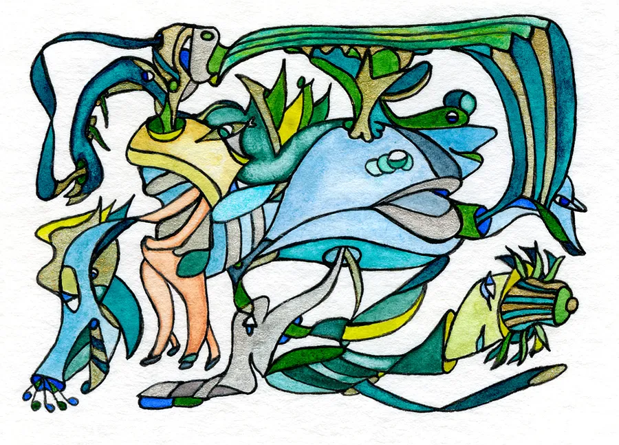 Image of Chaotic Dolphinarium by Anna Samoilovych, size: 6.4х8.9 cm, made of Paper, liner, watercolor, Graphics medium, from Kyiv, part of the Mysterious Entanglements series, priced at €70 (≈ 3,605 грн)