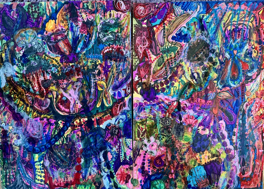 Image of Eye-palm. Palm-instrument. by Kira Mykytenko, size: Diptych, two sheets 42 x 30 cm, made of Acrylic paints, markers, pencils, Graphics medium, from Ukraine, priced at Price on request