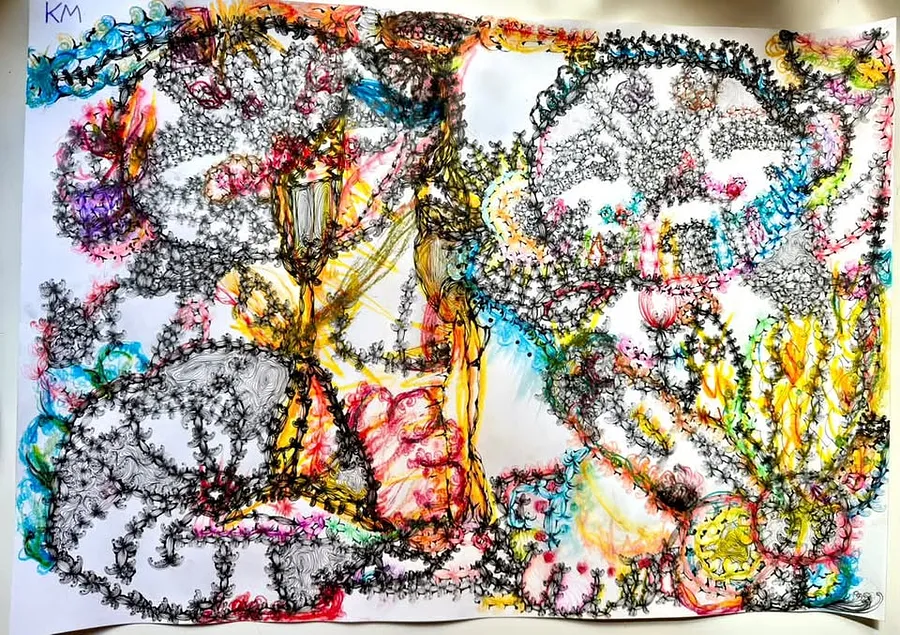 Image of Ray-connected. Light-chaliced. by Kira Mykytenko, size: 42x59.4 cm, made of Pencils, liners, pastels, Graphics medium