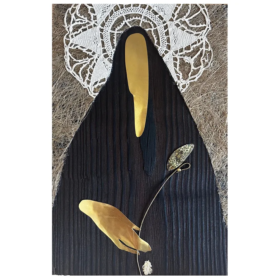Image of Богородиця by Tkachuk Yaroslava, size: 23 х 14,5 см, made of льон, дерево, латунь, мереживо, оксидована латунь, author's technique  medium, priced at $100