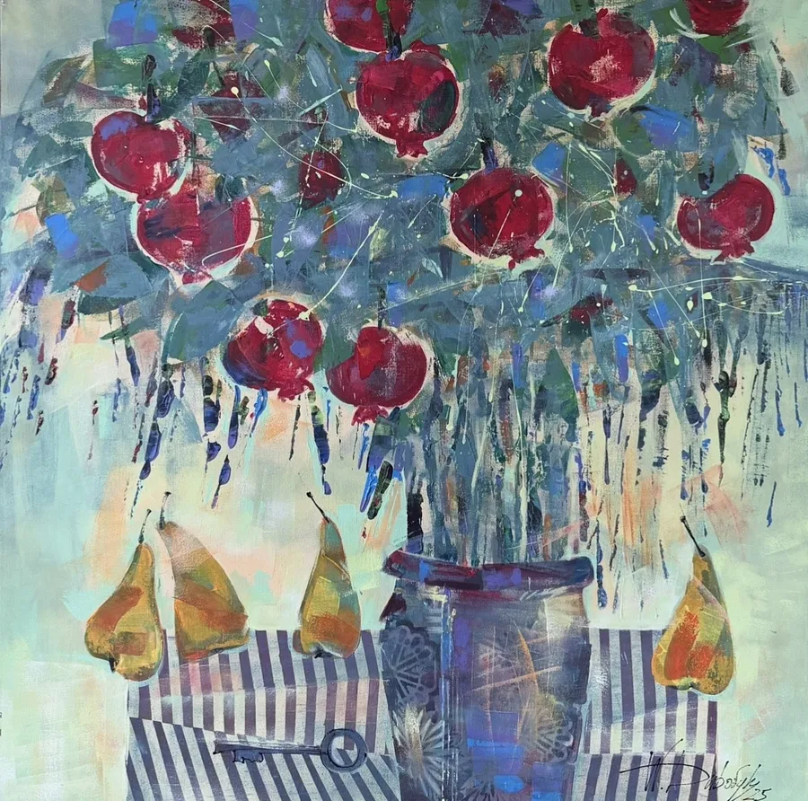 Image of Гранатова розкіш by Вікторія Дубовик, size: 100х100 см, made of Полотно, акрил, Живопис medium, part of the Ботанічні імпровізації series, priced at $750 (≈ 34,237 грн)