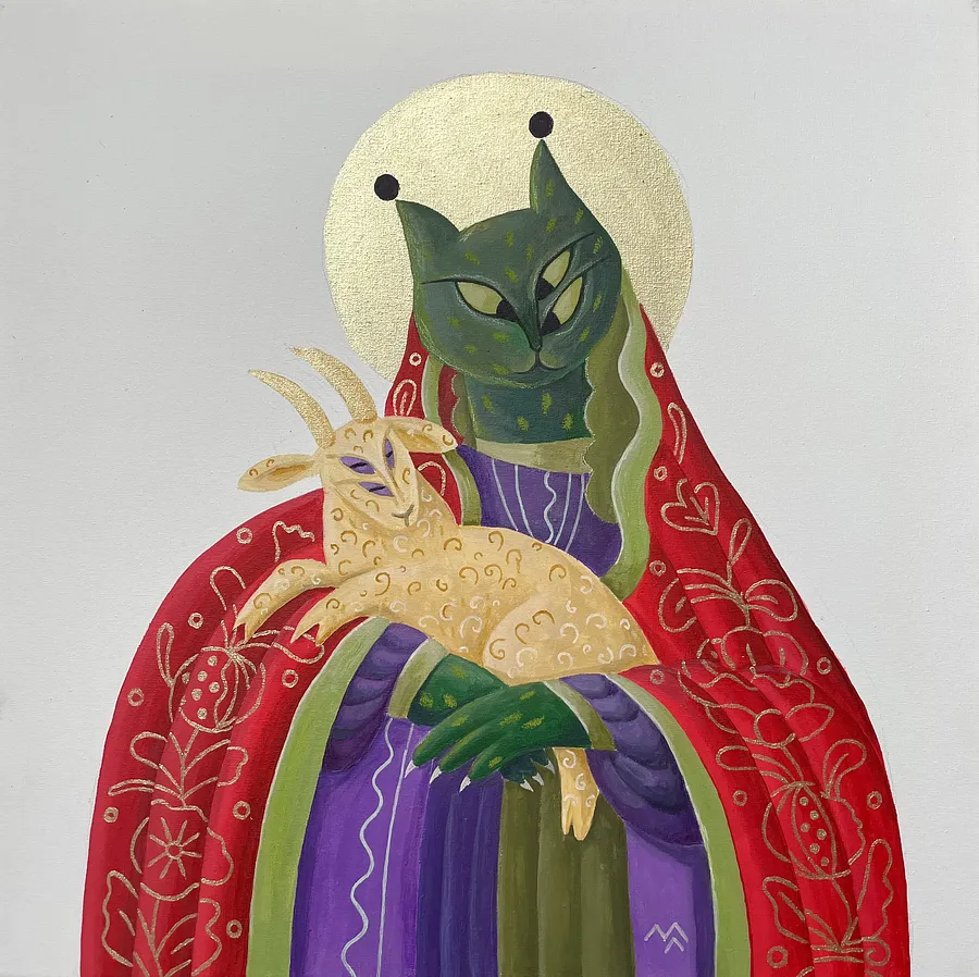 Image of Tame the goat, get the picture by Martа Leshak, size: 45x45, made of Acrylic, pastel, colored pencils, canvas, Paintings medium, from Lviv, priced at $230