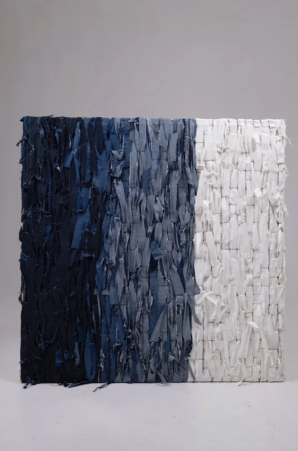 Image of THREE STAGES OF LIFE by David Kokhan, size: 100 x 100 cm, made of textile (denim), stretcher frame, mesh, mixed-media medium