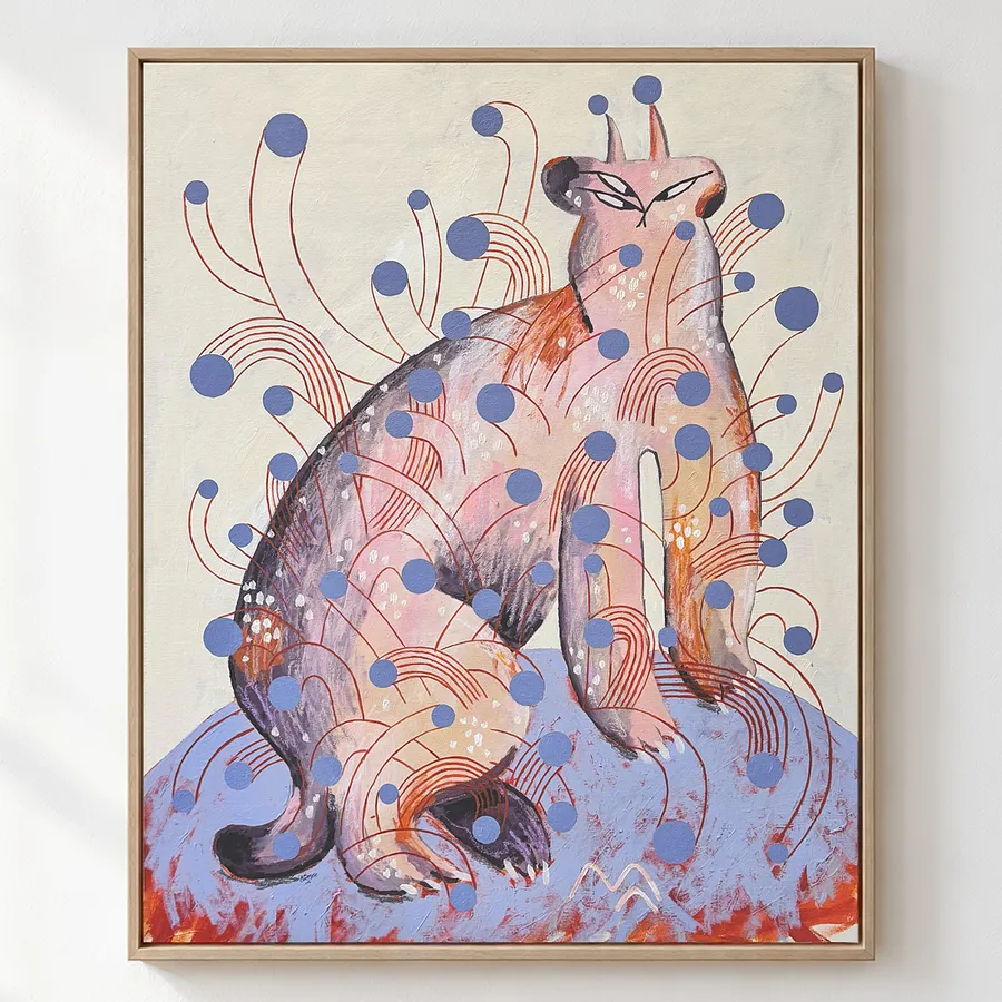 Image of рись у дедлайнах by Martа Leshak, size: 65x80cm, made of акрил, пастель, кольорові олівці, полотно, Paintings medium, from Львів, part of the Мої друзі, що бачать у темряві series, priced at $450