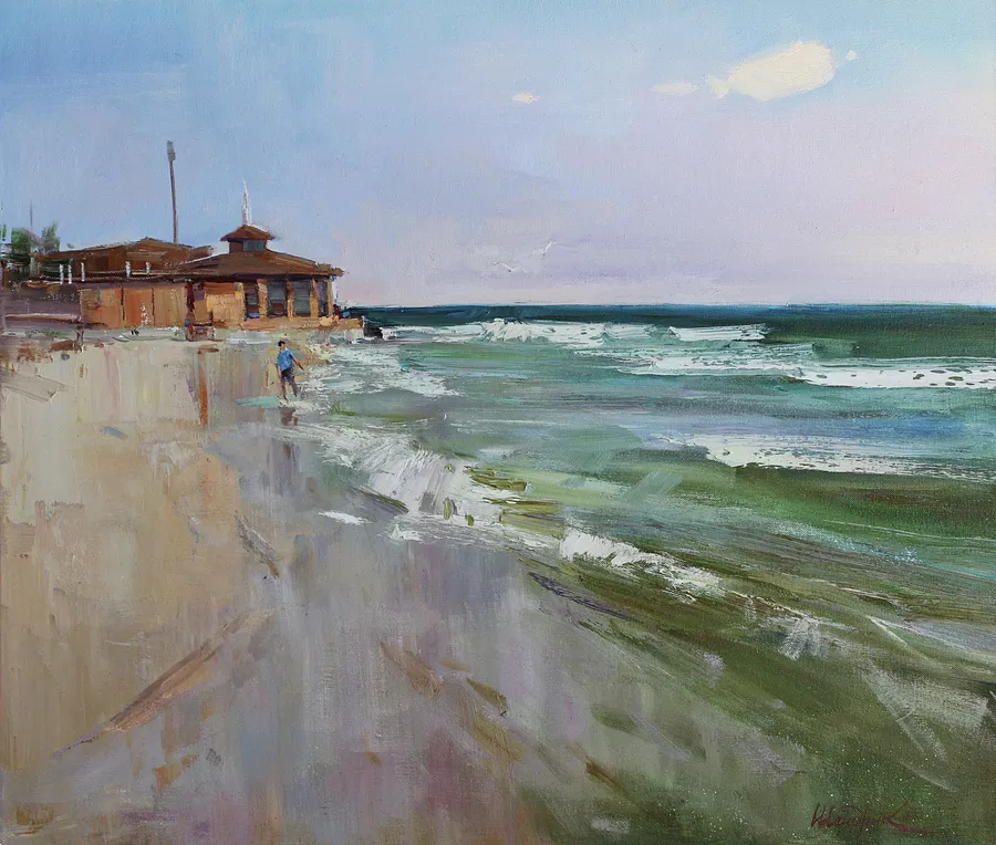 Image of Walking along beach by Tetiana Shendryk, size: 60 ×70 cm, made of Oil on canvas, Painting medium, priced at $450