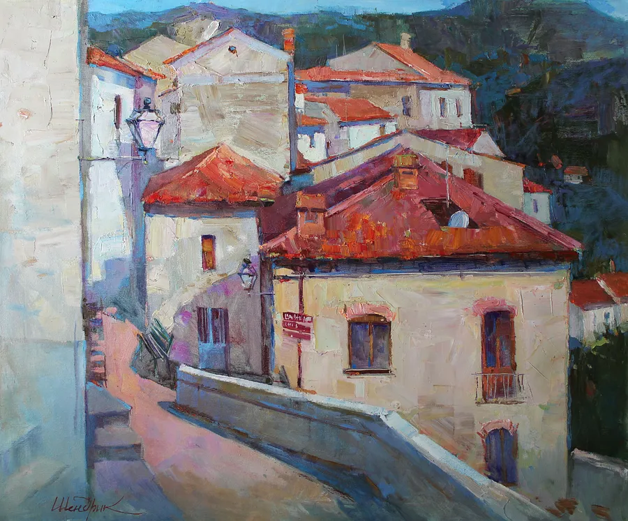Image of Orange roofs of Valsinni by Tetiana Shendryk, size: 50 ×60 cm, made of Oil on canvas, Painting medium, priced at $400