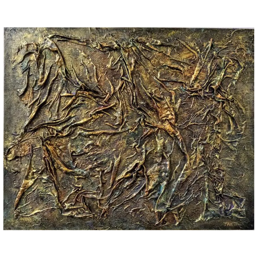 Image of "Birth in the folds of time" by Tetiana Kononenko (Tanta), size: 40х50 см, made of canvas on cardboard, silk, acrylic, marker, glue, varnish, Abstraction medium, from Sumy, part of the Fabric of Time series, priced at $120
