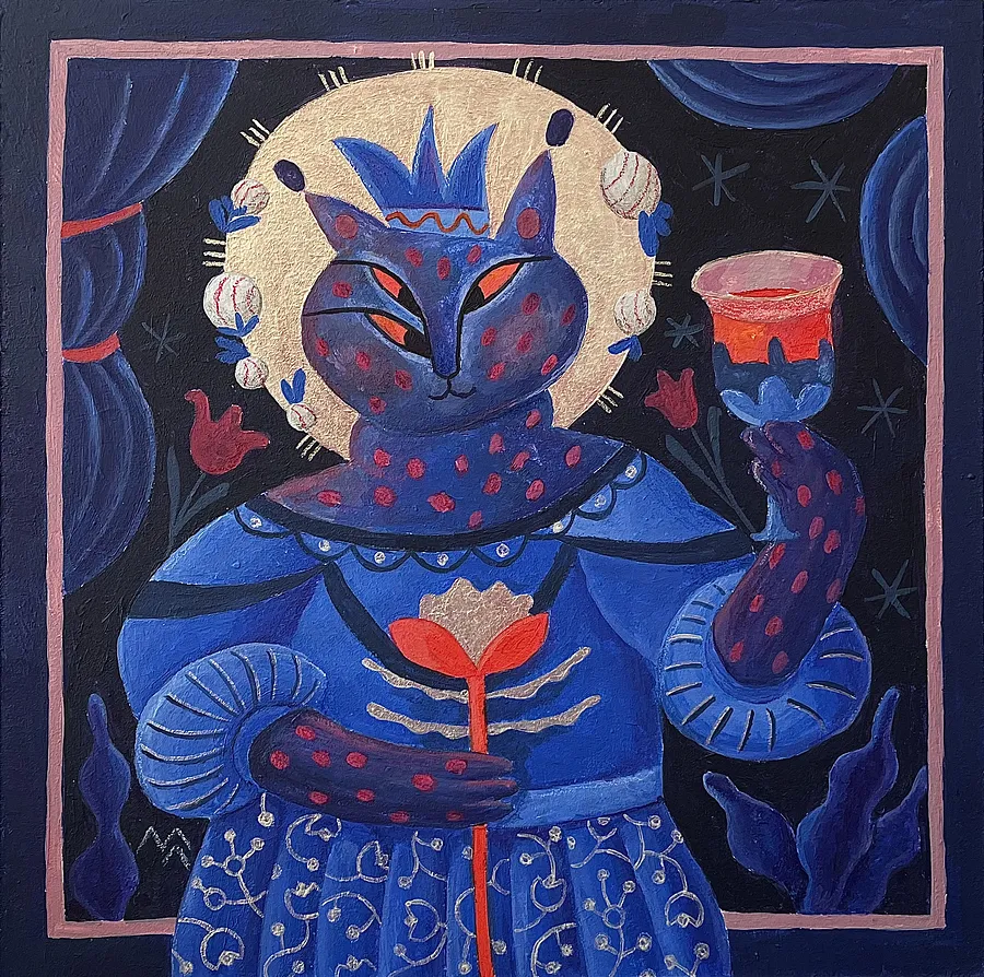 Image de Vypivanka par Marta Leshak, taille : 30x30, fabriqué avec acrylique, carton, médium Peinture, de львів, faisant partie de la série Святі Рисі, au prix de $170