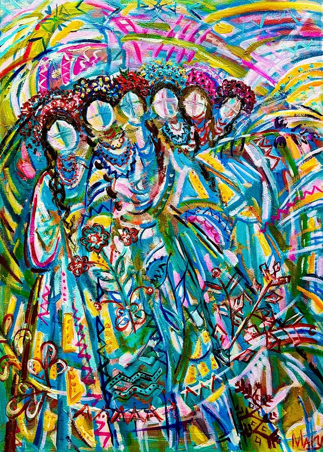 Image of Ukrainian Motanka Dolls by IMARY, size: 70 × 50, made of canvas, oil, acrylic, Painting medium