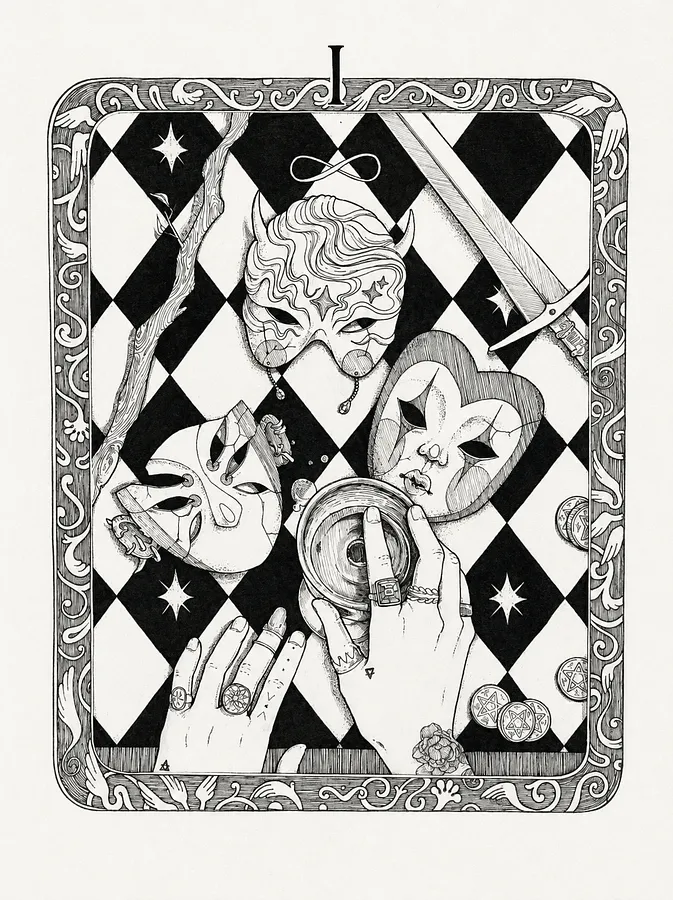 Image of Маг I by Yuliya Znak, size: А4, made of Чорнило, Лайнери, Папір, Графіка medium, from Львів, part of the Tarot series