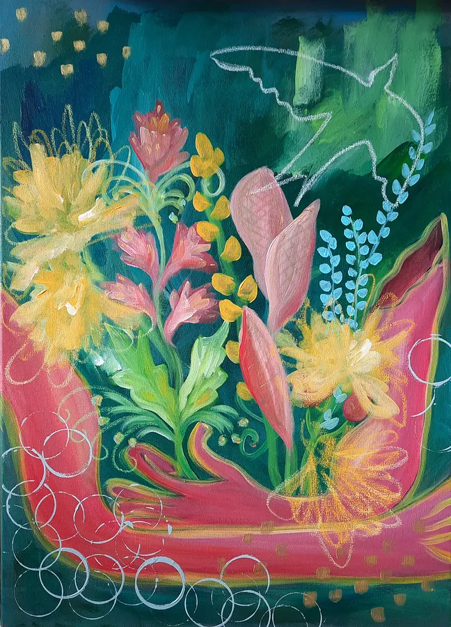 Imagen de Гроза на дворі, а я приніс тобі букет de Daria Habich, tamaño: 50х70 cm, hecho de полотно, акрил, маркер, лак, medio Живопис, de Німеччина, parte de la serie The soul Garden, con un precio de €670