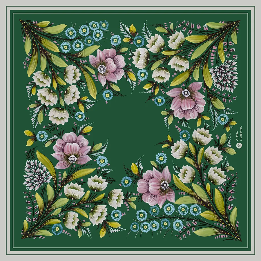 Image of Zakvitchana | 65x65 cm by Olena Grishyna, size: 65х65 см, made of silk, Silk scarves medium, priced at €53