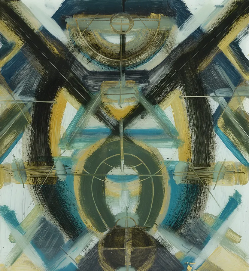 Imagen de симетрія de Dzvinka Zahaika, tamaño: 70/60, hecho de скло/туш/олія, medio Pintura sobre vidrio, parte de la serie Cиметрія