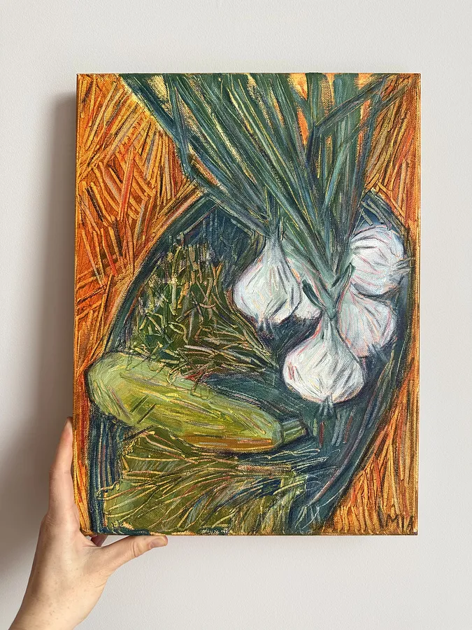 Obraz Цибулька І autorstwa Solomia Ortynska, rozmiar: 30x40 cm, wykonany z oil on canvas, medium Malarstwo, z Lviv, część serii Про дім, cena: $150