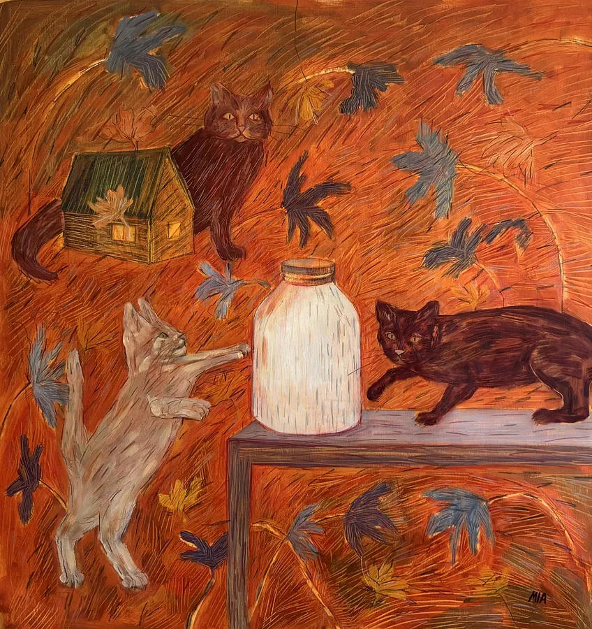 Imagen de Gatos de Solomiya Ortynska, tamaño: 99x91 cm, hecho de óleo sobre lienzo, medio Pintura, de Львів, parte de la serie Про дім, con un precio de $500