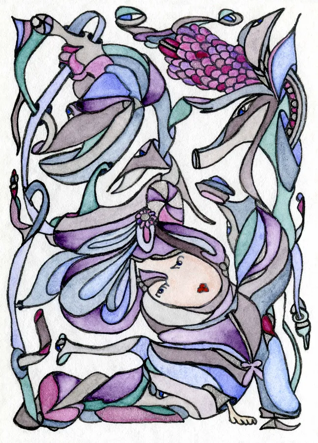 Imagen de Метаморфози лялечки de Anna Samoilovich, tamaño: 8.9х6.4 cm, hecho de Папір, лайнер, акварель, medio Obra gráfica, de Київ, parte de la serie Таємничі сплетіння, con un precio de €70 (≈ 3,624 грн)
