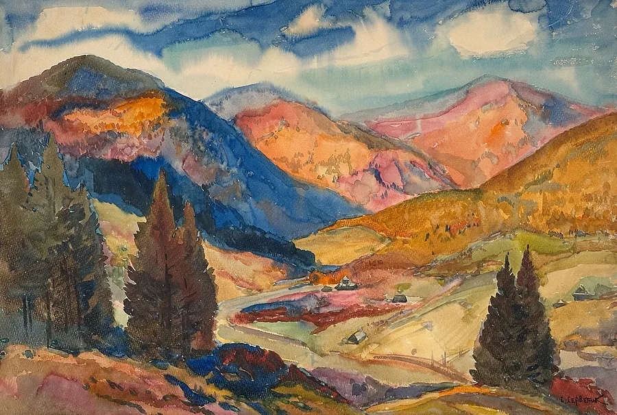 Immagine di Осінні Карпати di Станіслав Серветник, dimensioni: 50х73, materiali: Акварель, medium: акварелі, città: Тухля