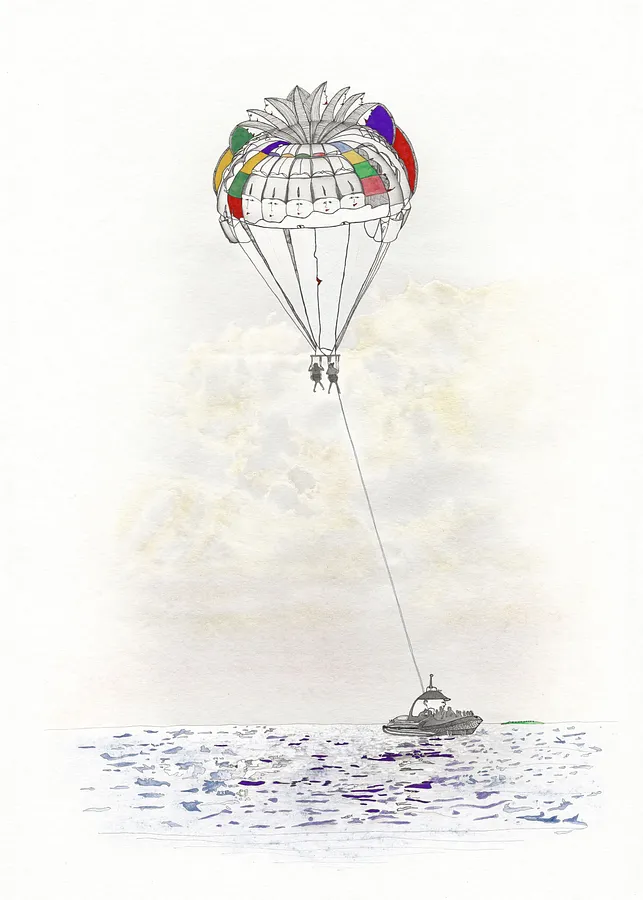 Image of Walking in the Air by Anna Samoilovych, size: 70х50 cm, made of photo print based on the artist’s own photo on paper, liner, watercolor, gel pens, pastels, gouache varnish, Graphics medium, from Kyiv, part of the Ode to Joy series, priced at €250