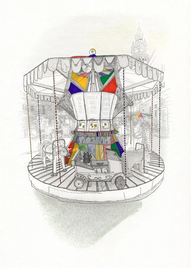 Image of Dreams of Panteleimon by Anna Samoilovych, size: 70х50 cm, made of photo print based on the artist’s own photo on paper, liner, watercolor, gel pens, pastels, gouache varnish, Graphics medium, from Kyiv, part of the Ode to Joy series, priced at €250