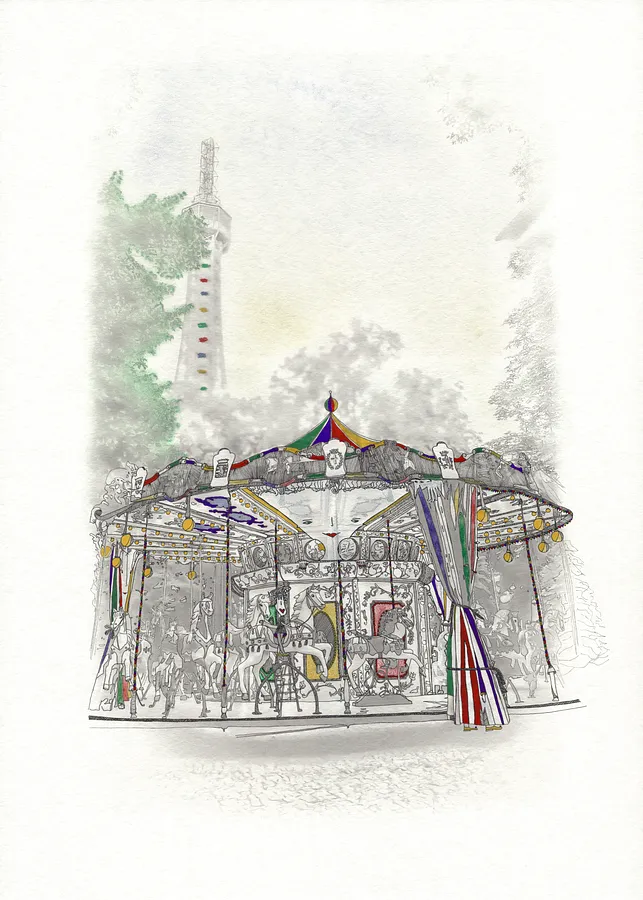 Image of French carousel in Prague by Anna Samoilovych, size: 70х50 cm, made of photo print based on the artist’s own photo on paper, liner, watercolor, gel pens, pastels, gouache varnish, Graphics medium, from Kyiv, part of the Ode to Joy series, priced at €250