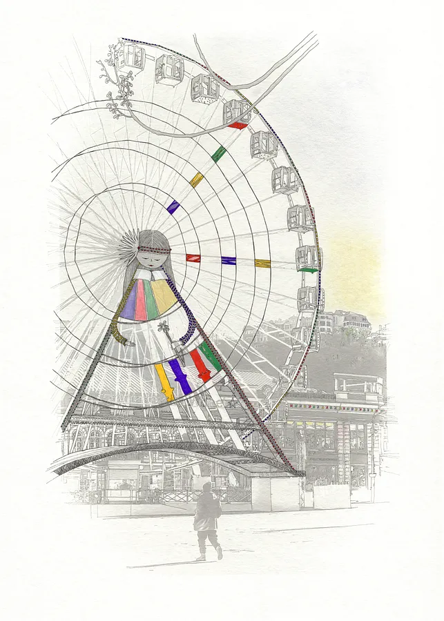 Image of Podolyanochka by Anna Samoilovych, size: 70х50 cm, made of photo print based on the artist’s own photo on paper, liner, watercolor, gel pens, pastels, gouache varnish, Graphics medium, from Kyiv, part of the Ode to Joy series, priced at €250