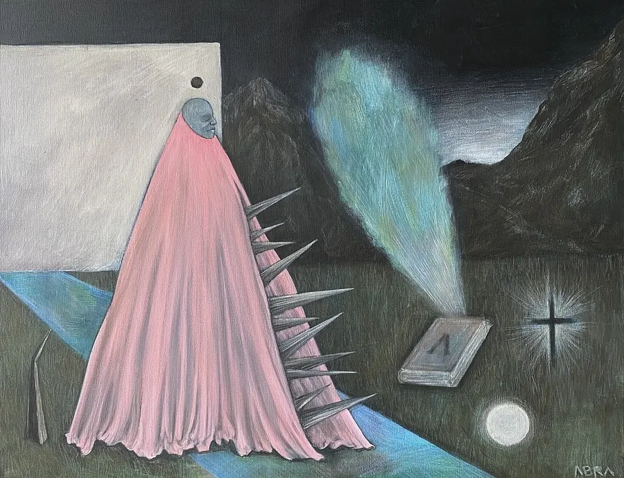 Obraz A Pilgrim’s Premonition  autorstwa ABRA, rozmiar: 65x50 cm, wykonany z canvas,acrylic,colored pencil, medium Painting, z Lviv, część serii Thresholds and omens, cena: $700 (≈ 31 640 грн)