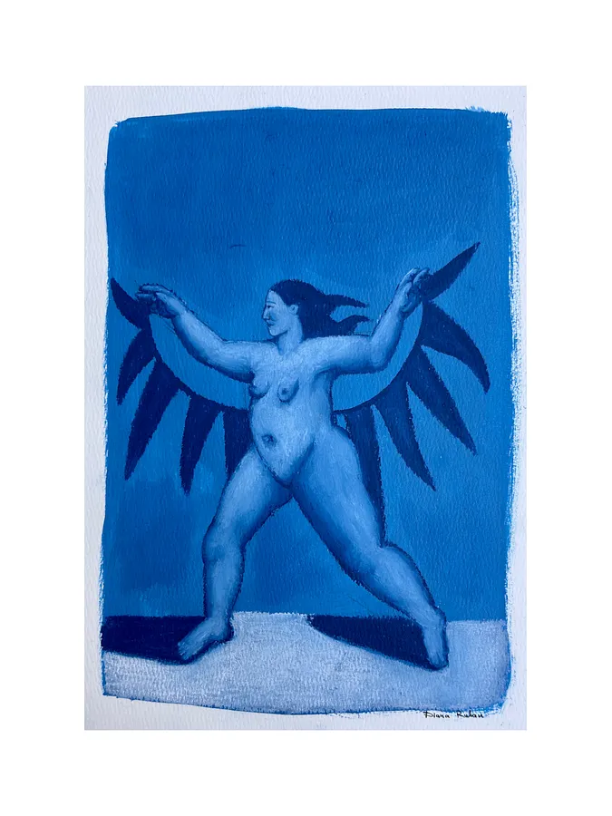 Image of Woman with wings by Diana Ruban , size: 30 х 21,3 cm, made of Paper, acrylic, oil pastel, Graphics medium, from Georgia, part of the Blue women series, priced at $200