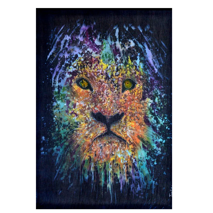 Image of "LION" by Tetiana Kononenko (Tanta), made of Cotton-silk, aniline, acrylic, reserve, wax, batik medium, part of the Fabric of Time series