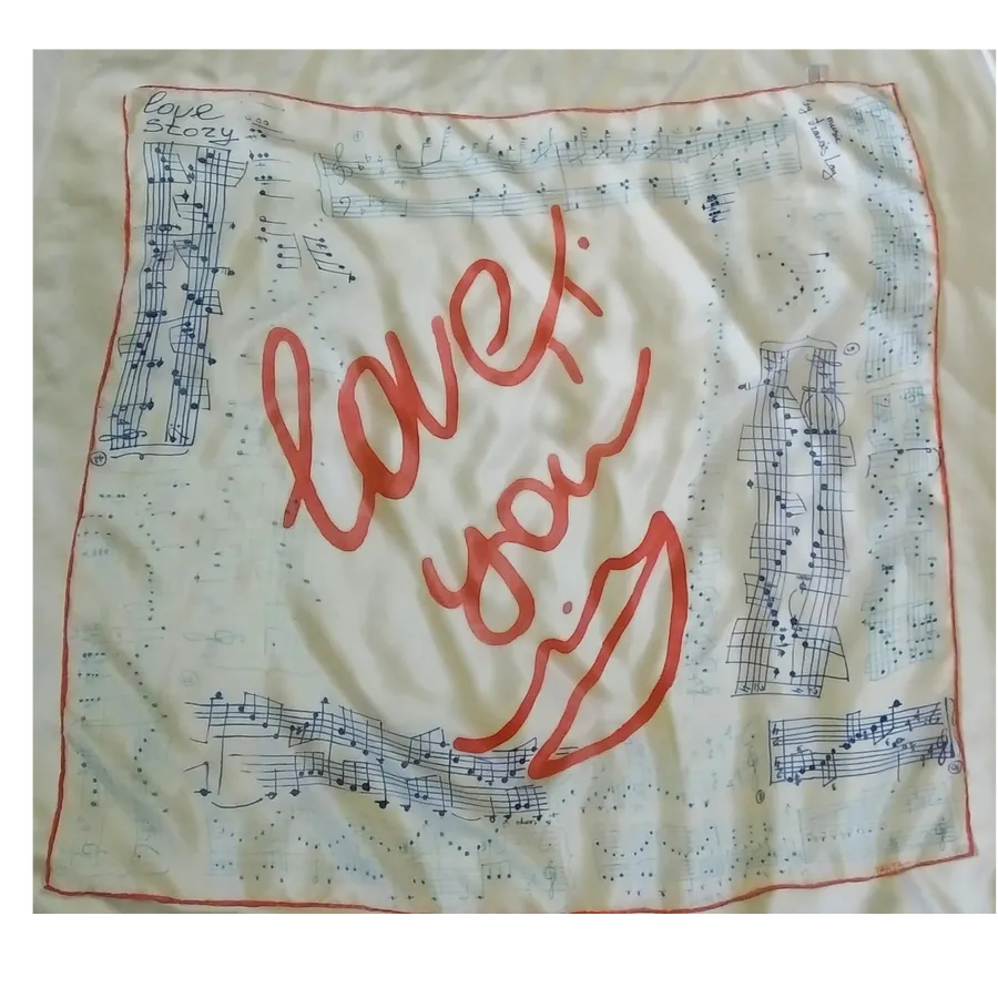 Image of Scarf "Love story. Music by Frаncis Lay" by Tetiana Kononenko (Tanta), size: 89х89 см, made of silk 100%, acrylic for silk, resist, textile marker, batik medium, part of the "Batik" series