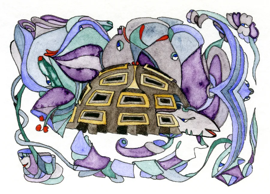 Image of Turtle grace, Bird in Space by Anna Samoilovych, size: 6.4х8.9 cm, made of Paper, liner, watercolor, Graphics medium, from Kyiv, part of the Mysterious Entanglements series, priced at €60