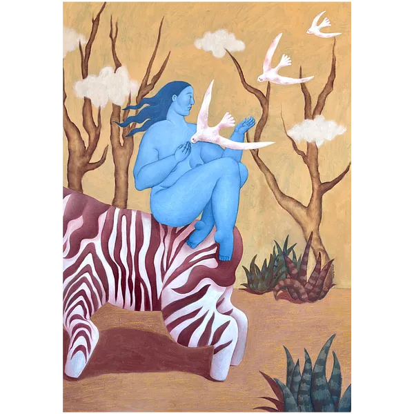 Image of Black and white lines in me by Diana Ruban , size: 104 x 72 cm , made of canvas, acrylic, oil, oil pastel, Painting medium, from Georgia , part of the Blue women series, priced at $3300