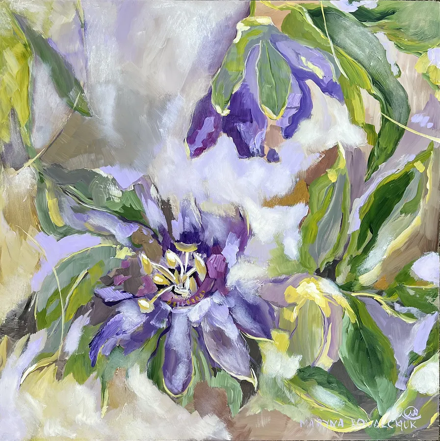 Image of Passion flower by Maryna Kovalchuk, size: 18 x 18 inches, made of Acrylic, wood board, Painting medium, from Jacksonville, priced at $350